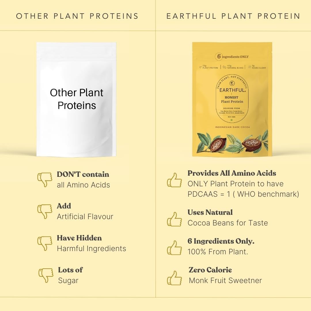 Earthful Honest Plant Protein | 24g Protein/Serving & 4.9g BCCAs | For Weight Management, Energy, Muscle Support & Recovery | Made with Pea & Brown Rice | Indonesian Cocoa - 504g