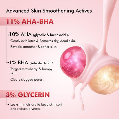 mCaffeine 11% AHA BHA Strawberry Body Lotion for Skin Smoothening | Gently Exfoliates Dead, Dry, Even Tones Skin | 72hr Moisturization | Juicy Strawberry Scent, For Men & Women-200ml