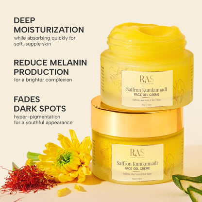 Ras Luxury Oils Saffron Kumkumadi Face Gel Creme with Aloe Vera & Red Algae | Enhances Natural Radiance | Brightening Moisturizing Cream | Light weight & Non-greasy Moisturizer For All Skin Type, 50gm