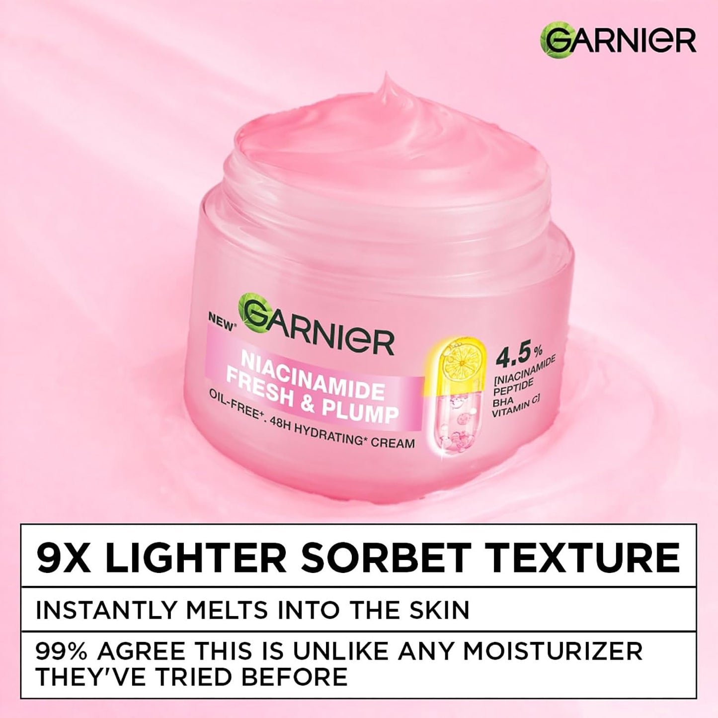 Garnier Fresh & Plump Niacinamide Sorbet Moisturizer Cream, 4.5% Niacinamide + Peptide + BHA + Vitamin C, 9x Lighter Sorbet Cream, For Hydrated and Plump Skin, Suitable for Oily to Normal & Combination Skin, 45g