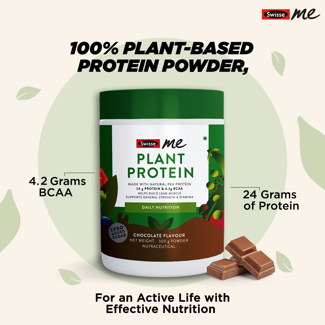 SwisseMe Plant Protein - Zero Added Sugar, 24g Vegan Pea Protein For Post Workout Recovery, Lean Muscle Building, Strength & Stamina (Chocolate Flavor, 500g)