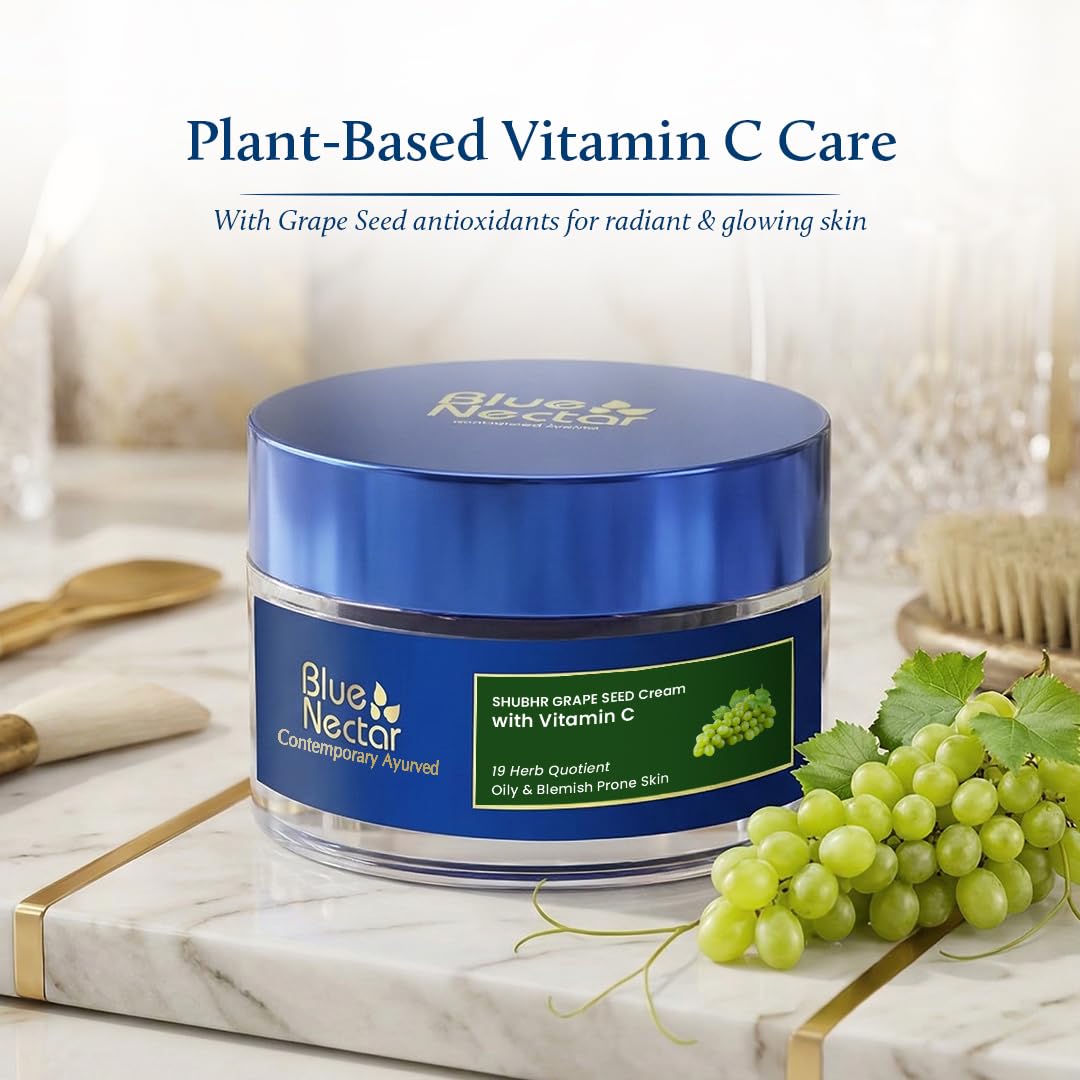 Blue Nectar Plant Based Vitamin C Face Moisturizer for Oily Acne Prone Skin with Grapeseed | Oil Free Lightweight Cream for Women (19 herbs, 50g)