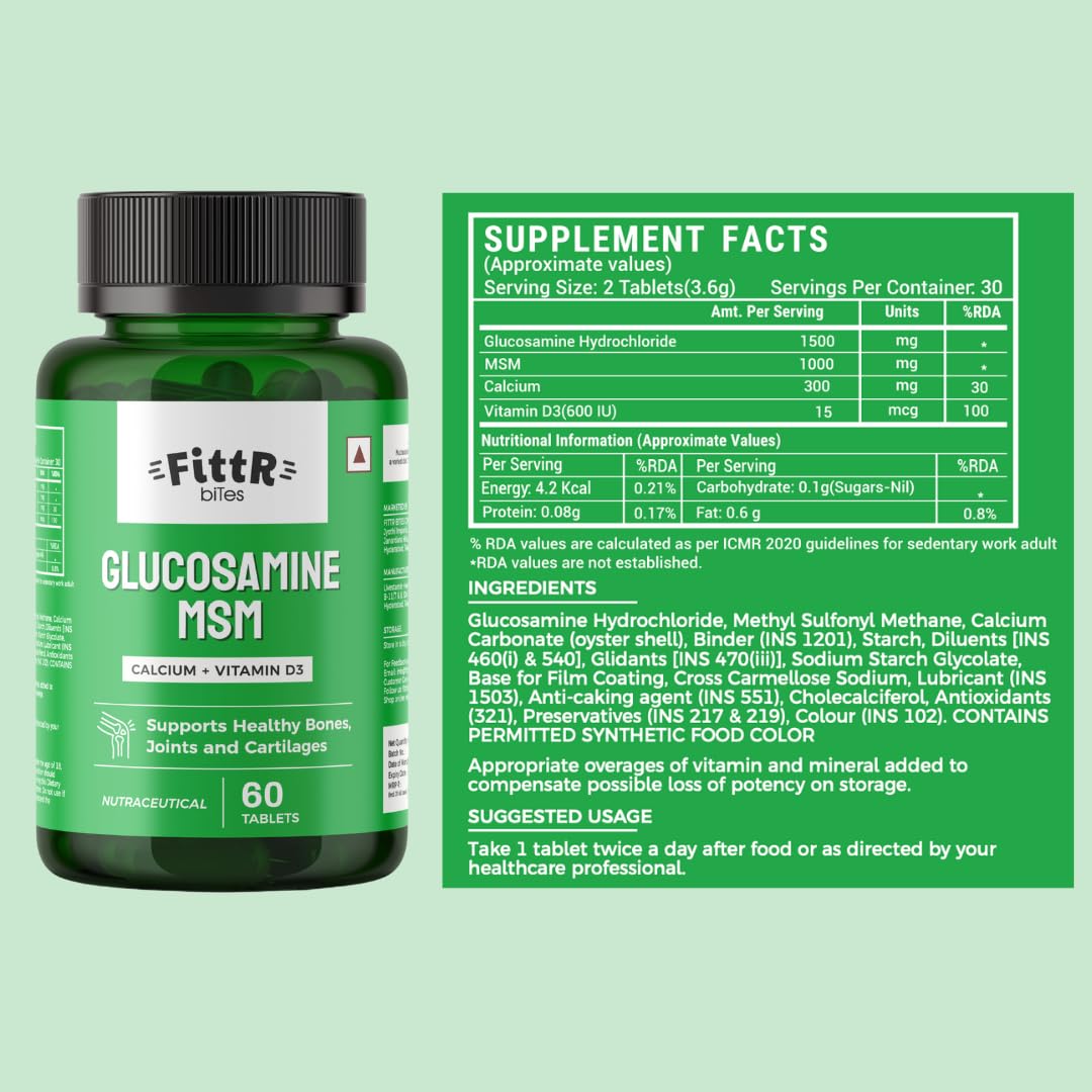 FittR Bites Glucosamine Tablets for Joint Support Supplement| with MSM Calcium & Vitamin D3 | Cartilage and Bone Health supplement, 60 Tablets, (Pack of 1, 60)