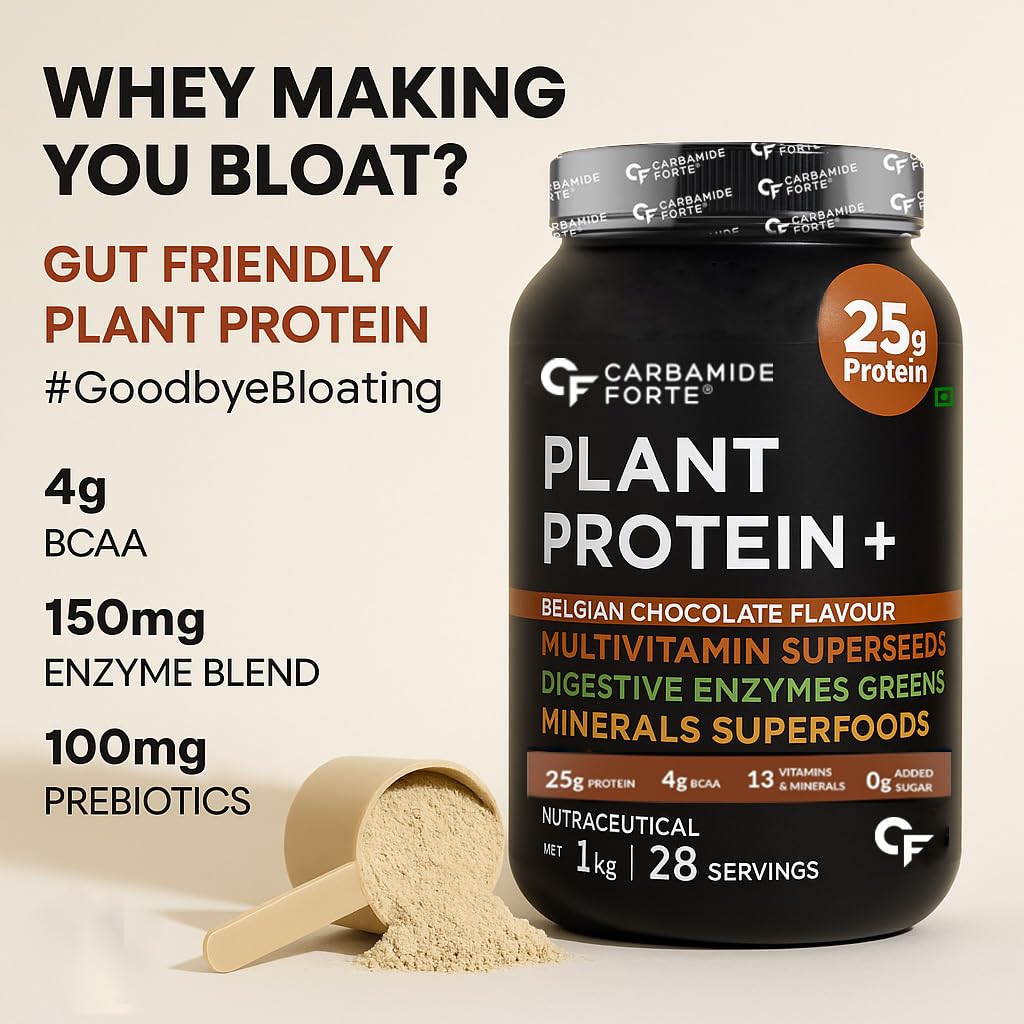 Carbamide Forte Plant Protein Powder For Men - Plant Based Protein Powder with Multivitamin, Minerals, Superfoods, Pea Protein, Digestive Enzymes - Belgian Chocolate Flavour - 1kg