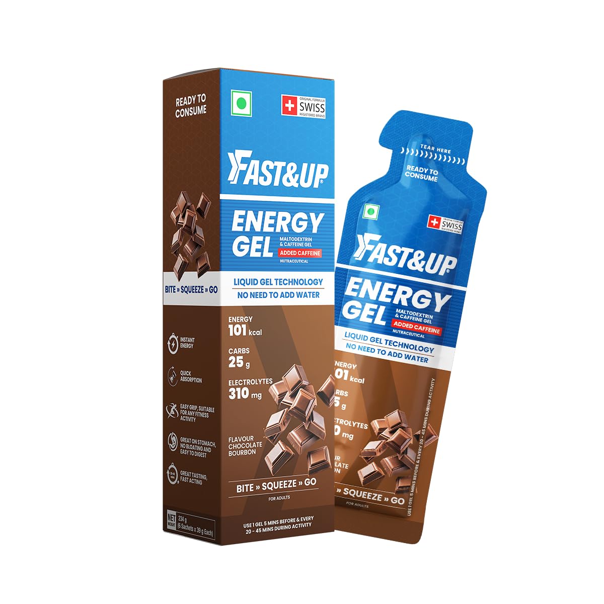Fast&Up Energy Gel- Chocolate Bourborn flavour (Caffeinated) - Pack of 6 Gel Sachets, 39g per sachet- For Instant energy boost, Improved endurance and performance