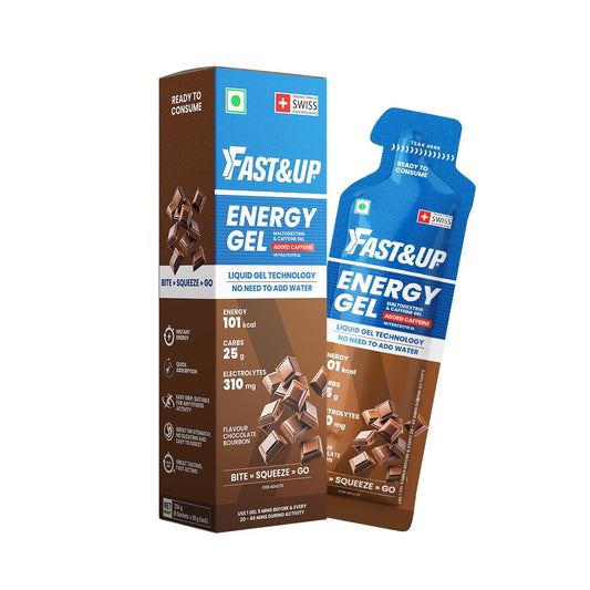 Fast&Up Energy Gel- Chocolate Bourborn flavour (Caffeinated) - Pack of 6 Gel Sachets, 39g per sachet- For Instant energy boost, Improved endurance and performance