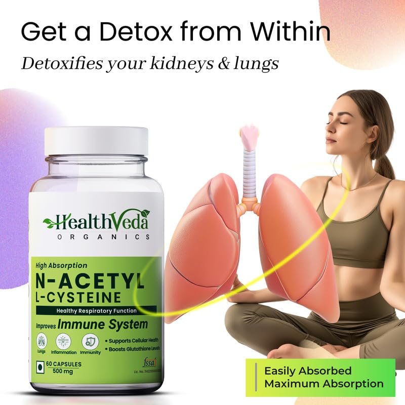 HEALTH VEDA ORGANICS PRIVATE LIMITED N - Acetyl L - Cysteine 500Mg | 60 Veg Capsules | Lungs & Respiratory Support | Immune Health | For Both Men & WomenÂ¦