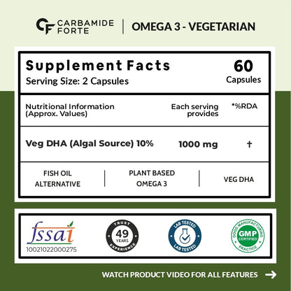 Carbamide Forte Veg Omega3 1000mg | Veg DHA | Vegetarian Omega 3 | Algal DHA | Plant Based | No Fish oil Used Capsules for Men & Women- 60 Veg Capsules