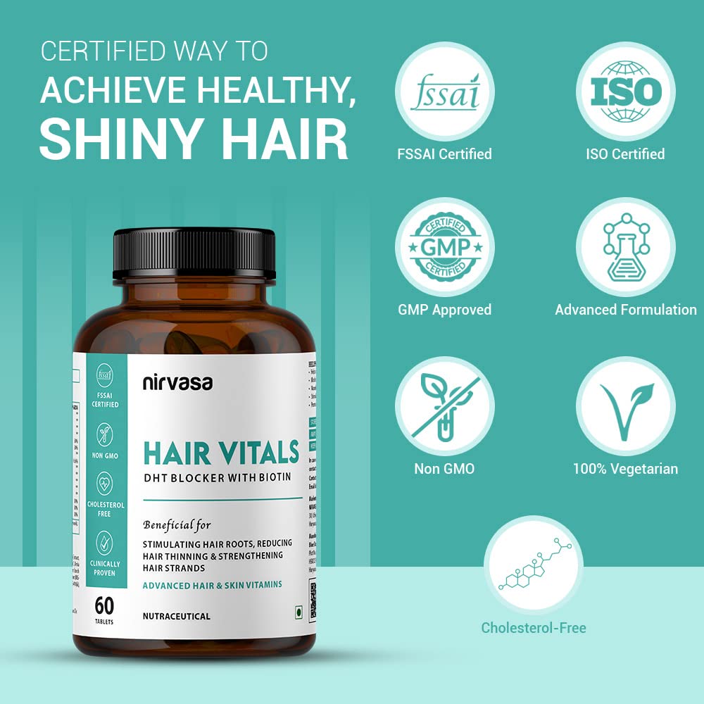 Nirvasa Hair Vitals DHT Blocker with Biotin (650mg) â€“ 60 Tablets | Supports Hair Growth, Strength & Thickness | Reduces Hair Fall & Breakage | With Beta-Sitosterol | For Men & Women
