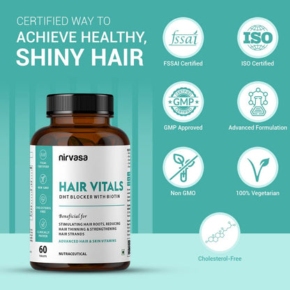 Nirvasa Hair Vitals DHT Blocker with Biotin (650mg) â€“ 60 Tablets | Supports Hair Growth, Strength & Thickness | Reduces Hair Fall & Breakage | With Beta-Sitosterol | For Men & Women