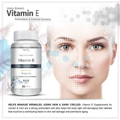 Vokin Biotech Natural Vitamin E from Sunflower - D-Alpha-Tocpherol - 10mg - 90 Capsules