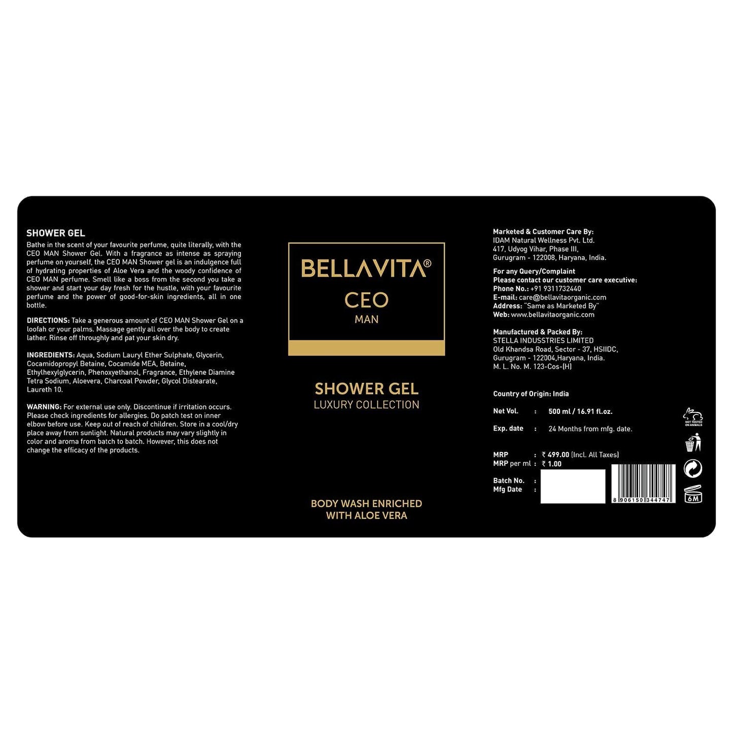 Bella Vita Luxury CEO MAN Body Wash Shower Gel for Men |Men's Bodywash 500ml | Deep Cleansing, Hydrating, Moisturising with Aloe Vera Extract & Charcoal Powder| Suitable for All Skin Types