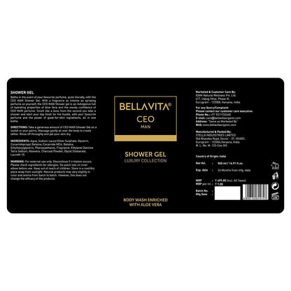 Bella Vita Luxury CEO MAN Body Wash Shower Gel for Men |Men's Bodywash 500ml | Deep Cleansing, Hydrating, Moisturising with Aloe Vera Extract & Charcoal Powder| Suitable for All Skin Types