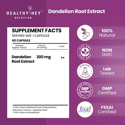 HealthyHey Nutrition Dandelion Root Extract - Natural - 10:1 Ratio - Natural Diuretic & Support Digestion, 60 Vegetable Capsules