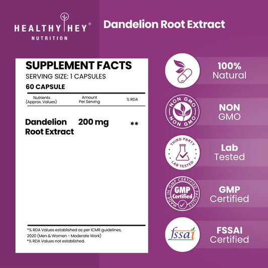 HealthyHey Nutrition Dandelion Root Extract - Natural - 10:1 Ratio - Natural Diuretic & Support Digestion, 60 Vegetable Capsules