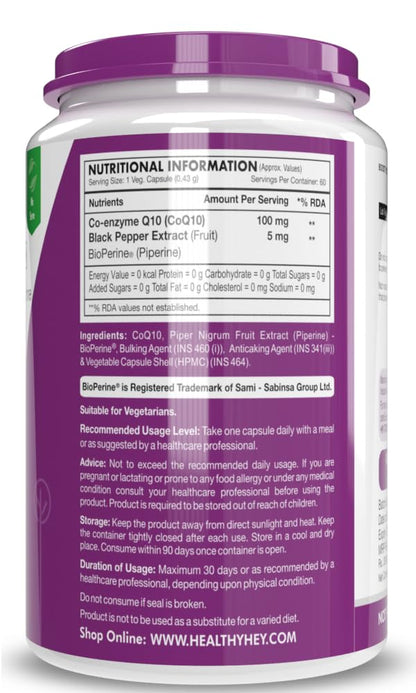 HealthyHey Nutrition CoQ10 105mg with Bioperine -Supports Heart Health - 60 Veg Capsules