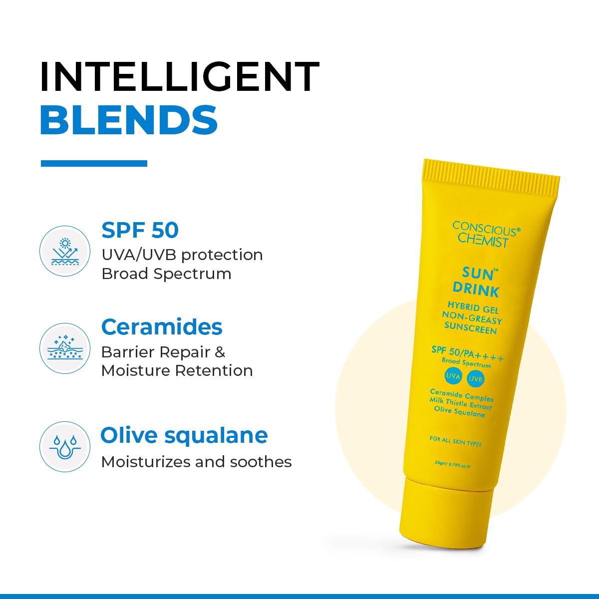 Conscious ChemistÂ® Dewy Ceramide Sunscreen SPF 50 PA++++ In-Vivo Tested | For Oily Skin | UVA/UVB & Blue Light Protection | Fragrance-Free | For Men & Women, All Skin Type - Sun Drink | 20g