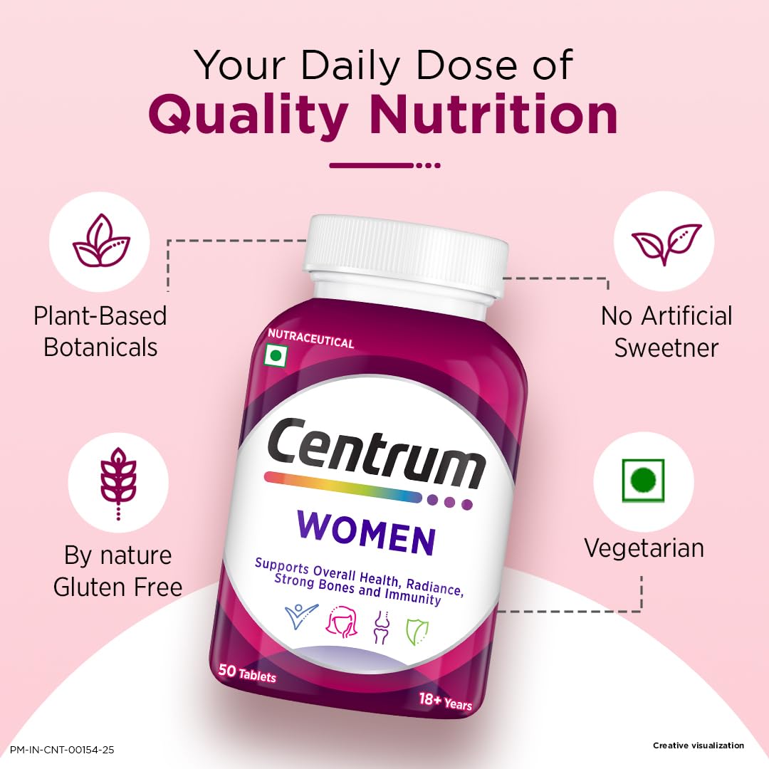 Centrum Women -Multivitamin Tablet for Women|With 23 Vital Nutrients including Zinc,Magnesium,Vitamin B,C,D, Calcium for Energy, Immunity,Radiance,Strong Bones and Overall Health|Veg - 50 tablets