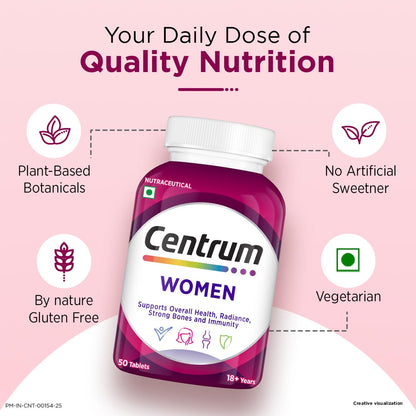 Centrum Women -Multivitamin Tablet for Women|With 23 Vital Nutrients including Zinc,Magnesium,Vitamin B,C,D, Calcium for Energy, Immunity,Radiance,Strong Bones and Overall Health|Veg - 50 tablets