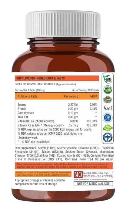 The Body Reserve Vitamin D3 K2 MK7-120 Veg Tablets, 100% RDA Plant-Based Vitamin D3 Supplement from Lichen Source with Vitamin K2 as MK7 Menaquinone