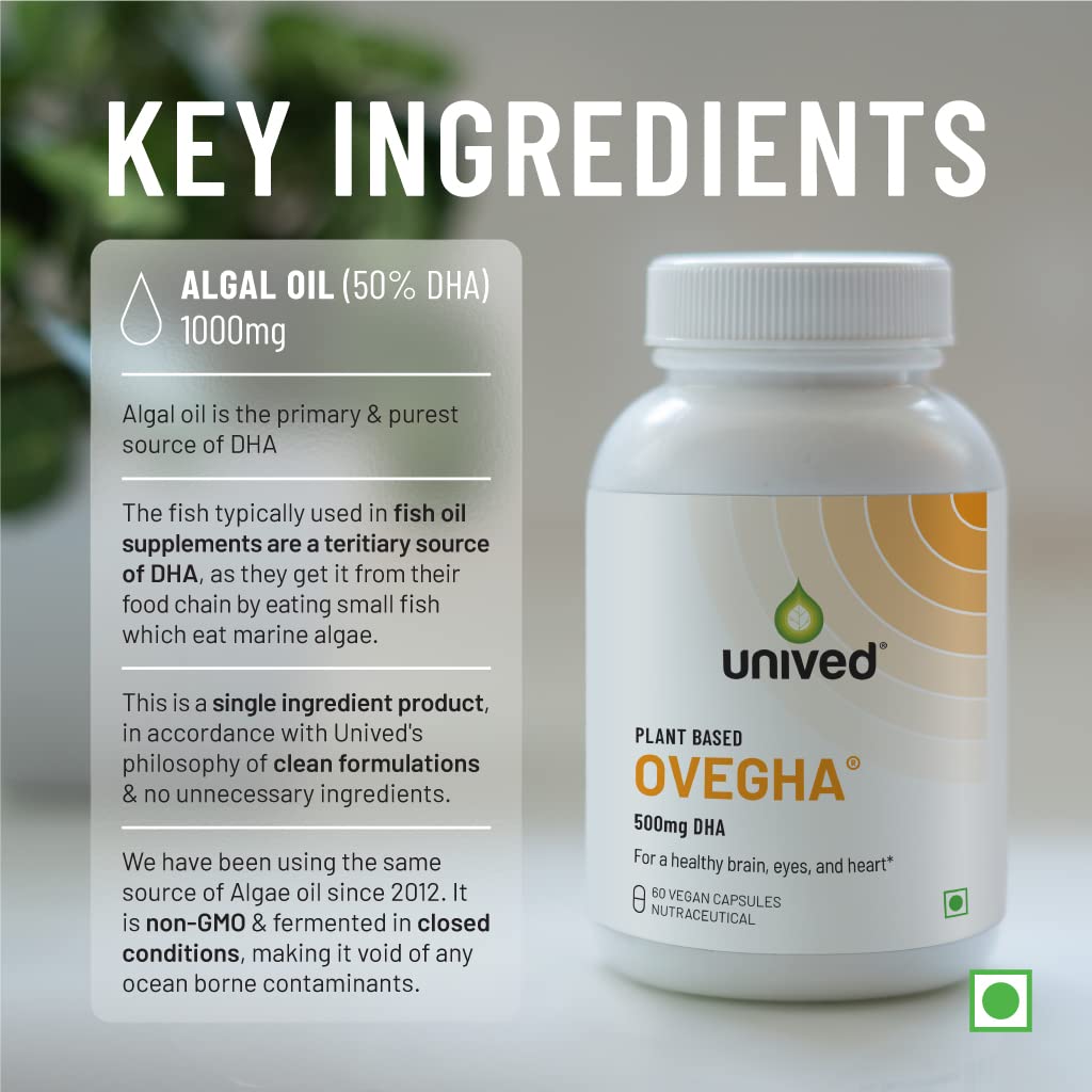 Unived Ovegha Vegan Omega-3 DHA | 1000mg Algae Oil 500mg DHA Per Serving (highest DHA/serving) | for Heart, Hair, Skin, Joint, Brain & Eye Health | 60 Vegan Capsules