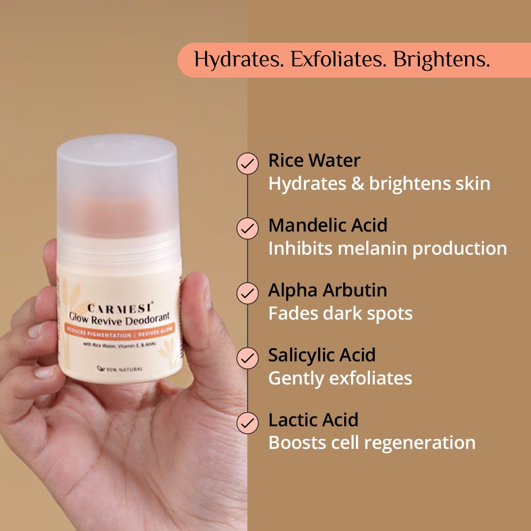 Carmesi Glow Revive Underarm Roll On Deodorant for Women | Brightens Skin, Reduces Pigmentation, Controls Odour | Rice Water, Vitamin E, 2% w/w Salicylic Acid & AHAs | 90% Natural | No Alcohol & Aluminium | 50 ml