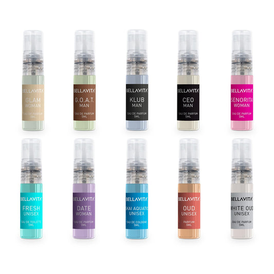 Bella Vita Luxury | Trial Pack Of 10x5ml Long Lasting Pocket Perfume for Man and Woman | Mix Of EDP, EDT & EDC Sweet, Floral, Woody, Musky & Spicy Fragrance