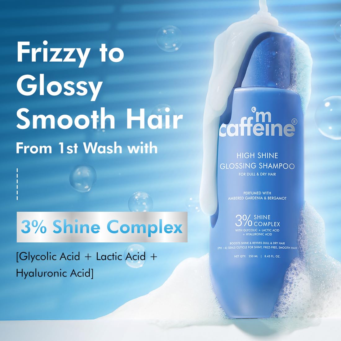 mCaffeine High Shine Glossy Hair Shampoo For Dull, Dry & Frizzy Hair | 3% Shine Complex - With Glycolic Acid & Hyaluronic Acid | 48 Hr Frizz Control | Fresh Floral Fragrance | 250ml