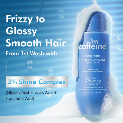 mCaffeine High Shine Glossy Hair Shampoo For Dull, Dry & Frizzy Hair | 3% Shine Complex - With Glycolic Acid & Hyaluronic Acid | 48 Hr Frizz Control | Fresh Floral Fragrance | 250ml