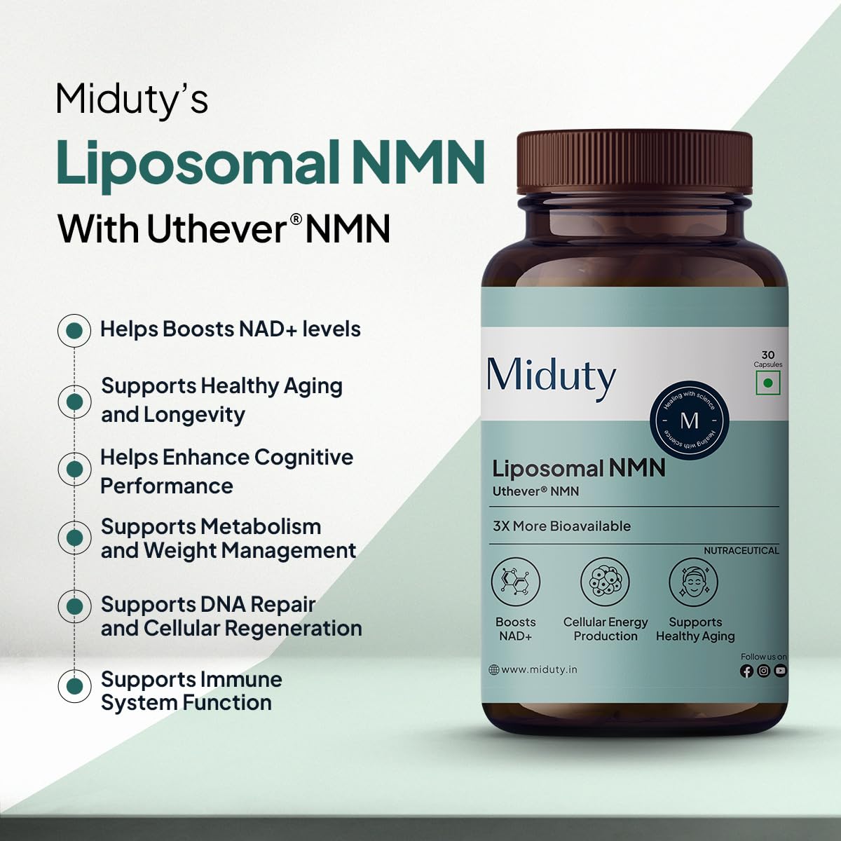 Miduty Liposomal NMN Supplement | Increase Energy levels, Metabolism & Longevity | Nicotinamide Mononucleotide for Anti-Aging, NAD+ Support & Cellular Health | NMN Capsules with Resveratrol | 30 Count