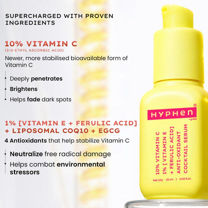 Hyphen 10% Vitamin C, 1% Vitamin E & Ferulic Acid Serum| Clinically Tested to Brighten, Treat Dark Spots & Pigmentation | 12Hr Slow Release Formula| Non-Irritating, Suitable for Sensitive Skin â€“ 20ml