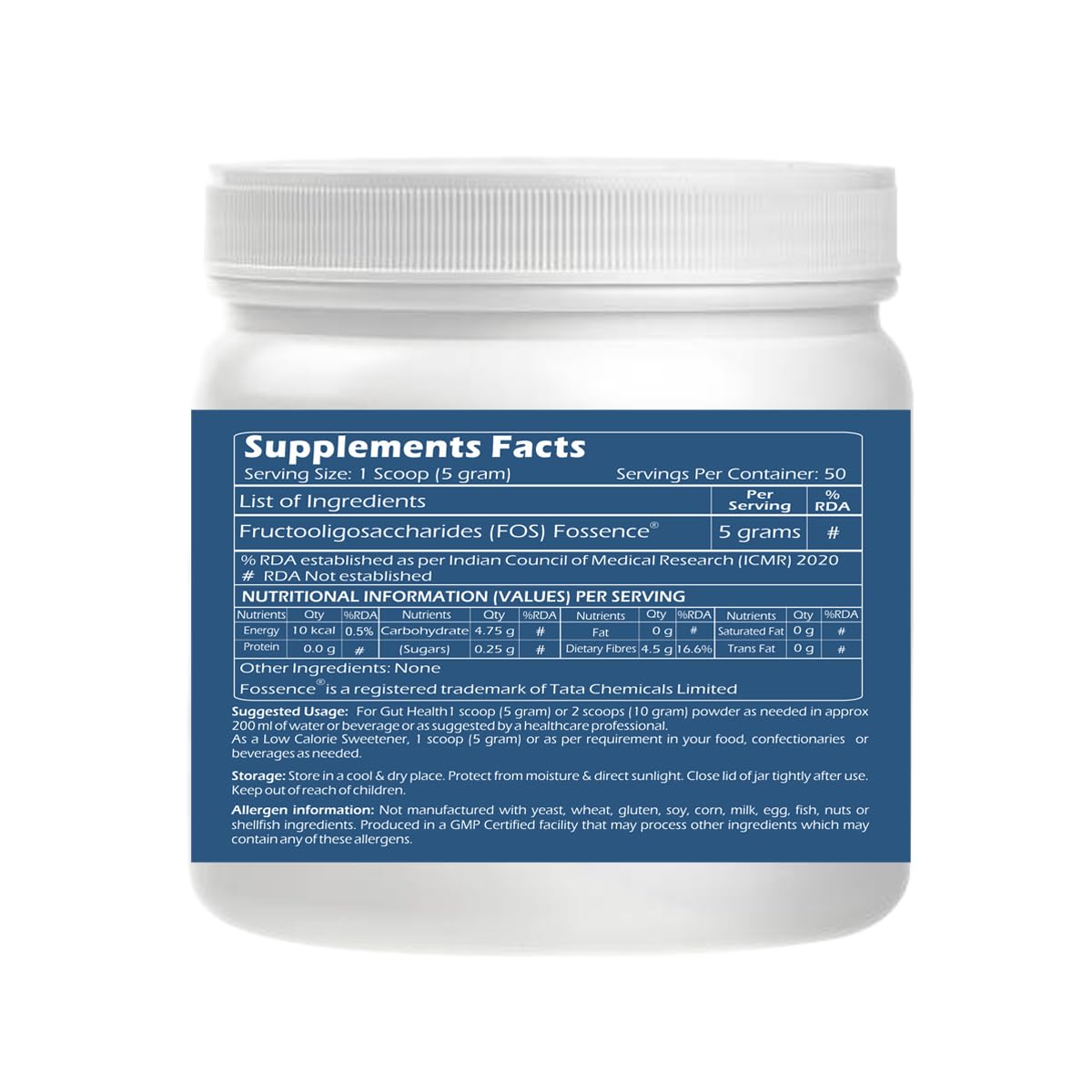 Trexgenics FOS FOSSENCE FRUCTOOLIGOSACCHARIDES PURE POWDER Prebiotic Soluble Fibres for Gut Health, Low Calorie Natural Sweetener (Fossence FOS (250 gram))