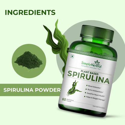 Simply Herbal Spirulina Capsules for Immunity | Natural Super Food and Nutritional Supplement | Green Food for Good Health Weight Management and Immunity Booster â€“ 60 Capsules