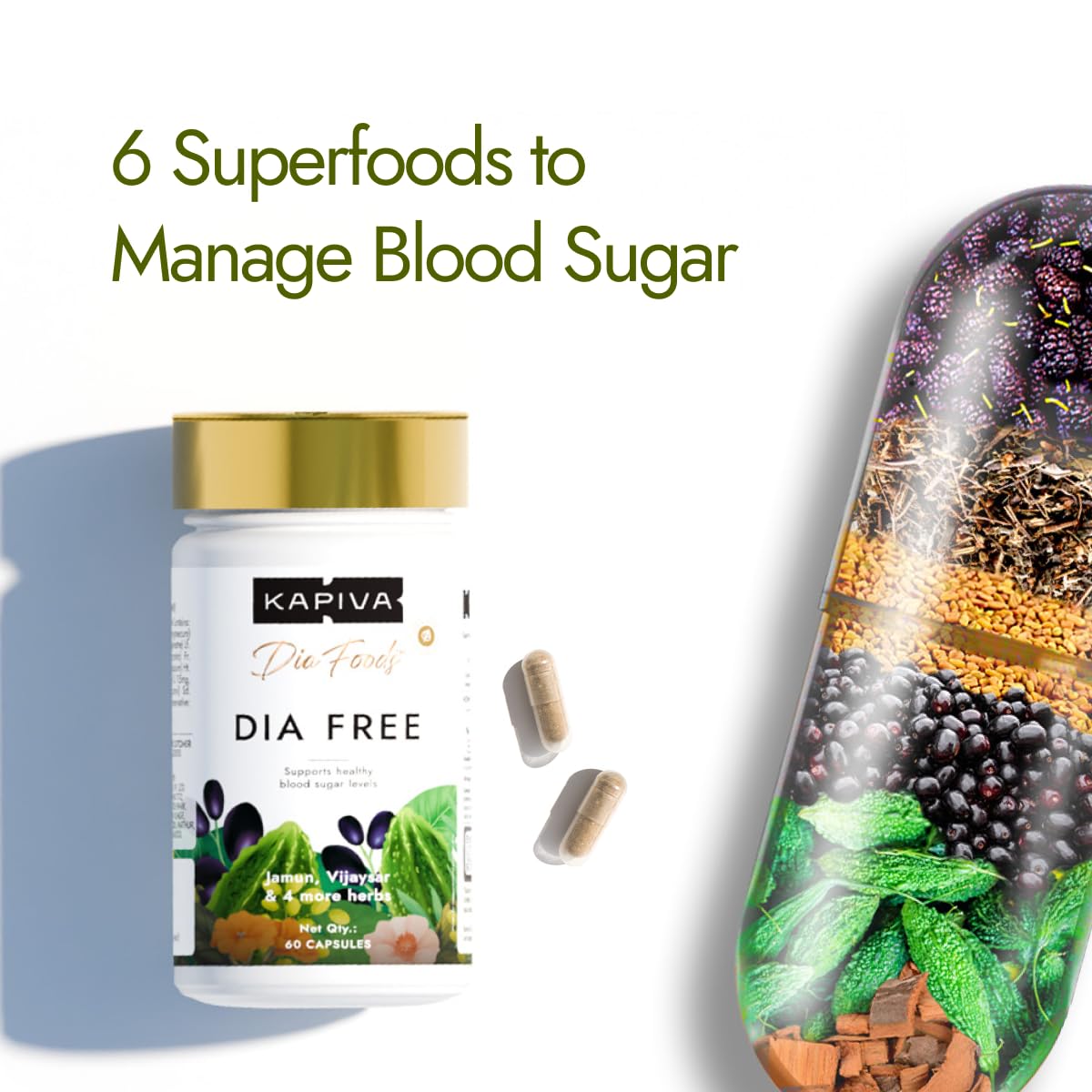 Kapiva Dia Free Capsules | Helps Manage Blood Sugar Levels With Karela, Jamun & Gudmar | 100% Ayurvedic Capsules with Powerful Herbs | 1 Month Pack for Diabetes/Diabetic Care | 60 Capsules/Tablet