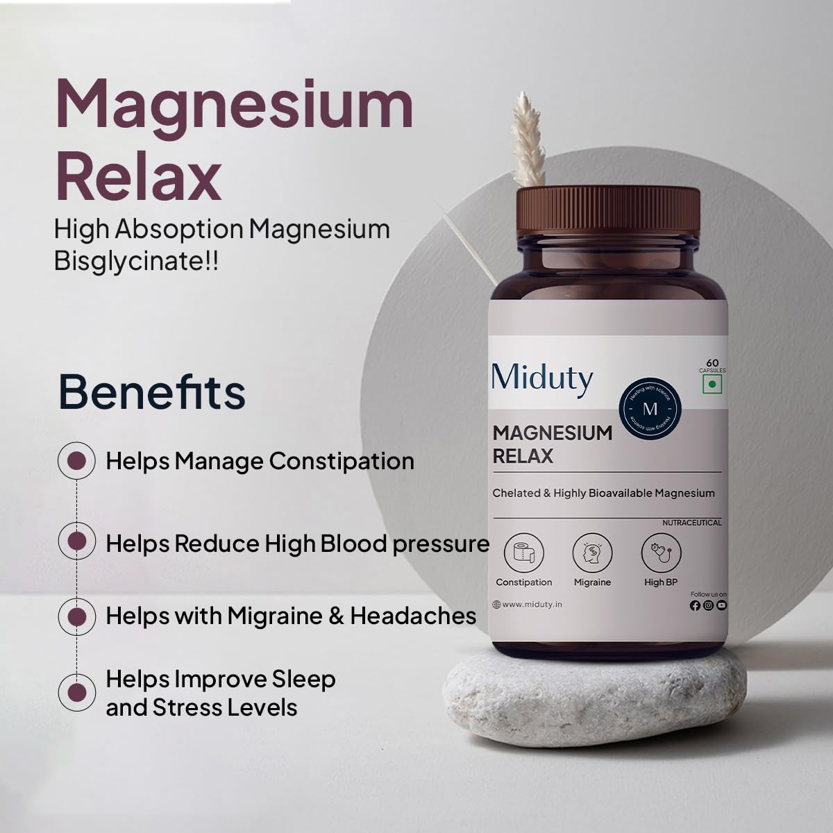 Miduty Palak Notes Magnesium Relax Supplement Tablets - Best Magnesium Bis glycinate For Men and Women- Magnesium Oxide Vitamin B6 B5 - Leg cramps - Muscle Cramp-Migraine -Good Sleep-60 Capsules