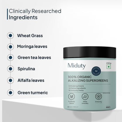 Miduty Palak Notes 100% Organic Super Greens Powder Alkalizing with Wheat Grass, Spirulina, Green Tea, and Moringa Leaves - Ultimate Body Detox & Weight Loss Support - 250 grams