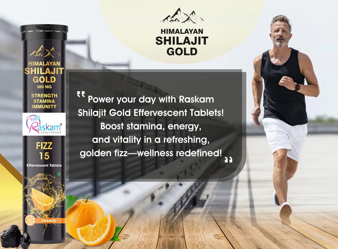 Himalayan Shilajit Gold Fizz 15 Effervescent Tablets (Orange Flavour, 500mg, Pack of 1) | With Ashwagandha, Gokshura & Safed Musli for Strength