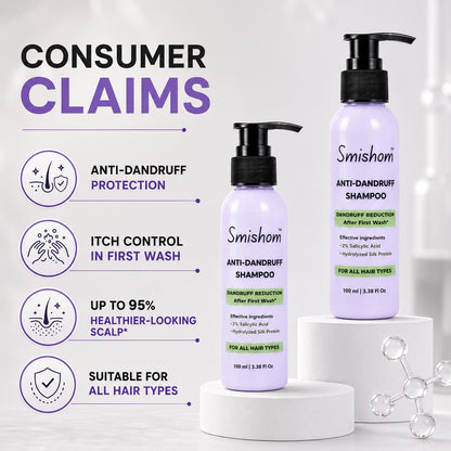 Smishom Anti-Dandruff Shampoo | Dandruff Reduction After First Wash | ZPTO-Free | pH balance | 2% Salicylic Acid & Hydrolyzed Silk Protein | Reduces Dandruff, Itchy Scalp | For All Hair Types | Light Lavender -100 ml
