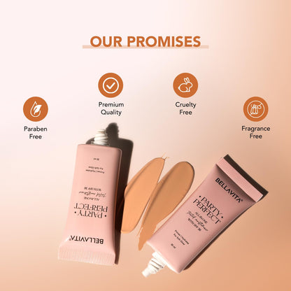 BELLAVITA Party Perfect All-in-one Tinted Moisturizer with SPF 30 | Hydrating Skin Tint, Face Primer & Sunscreen | Lightweight Formula with Adaptive Tint for Natural, Dewy Glow | 30ml (Medium Shade)