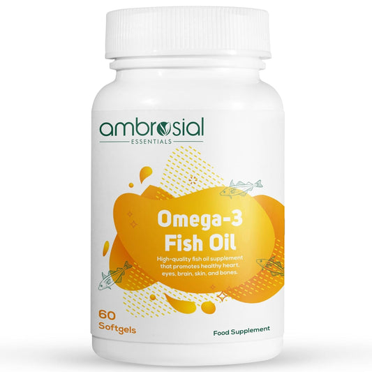 Ambrosial Omega 3 Fish Oil Capsules 1000mg Omega3 capsule with 180 mg EPA & 120 mg DHA No Fishy Burps |Omega3 Capsules for Men & Women to Support Healthy Heart Brain & Bones (Pack of 1-60 Softgels)