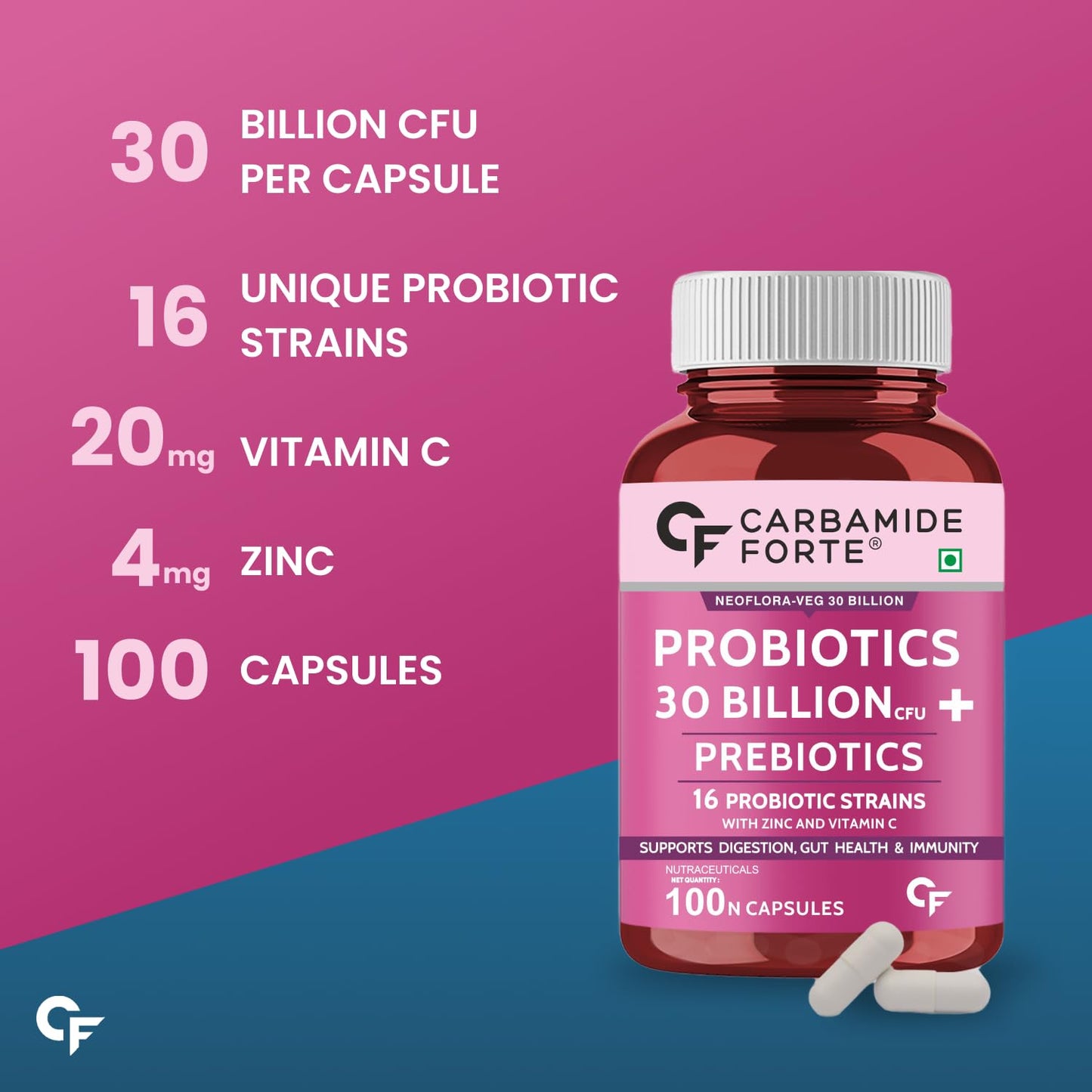 Carbamide Forte 30 Billion Probiotics Supplement | Gut Cleanse Detox | Gut Health Supplement with Prebiotics and Probiotics | Lactobacillus Reuteri 100 Veg Capsules for Men & Women