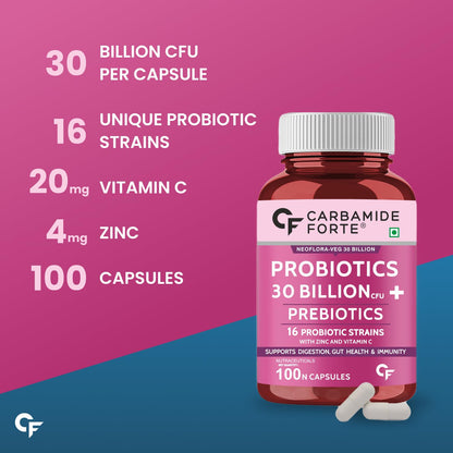 Carbamide Forte Probiotics Supplement 30 Billion for Women & Men - 100 Veg Capsules (Pack of 2)
