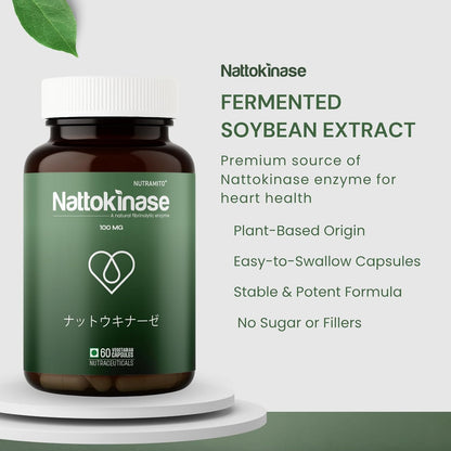 Nattokinase supplement by Nutramito, 200mg (4000 FU) per serving of 2 capsules, Natural Enzyme Supplement for Heart Health, Vitamin Kâ€“Free Formula, Supports Heart Health & Smooth Circulation