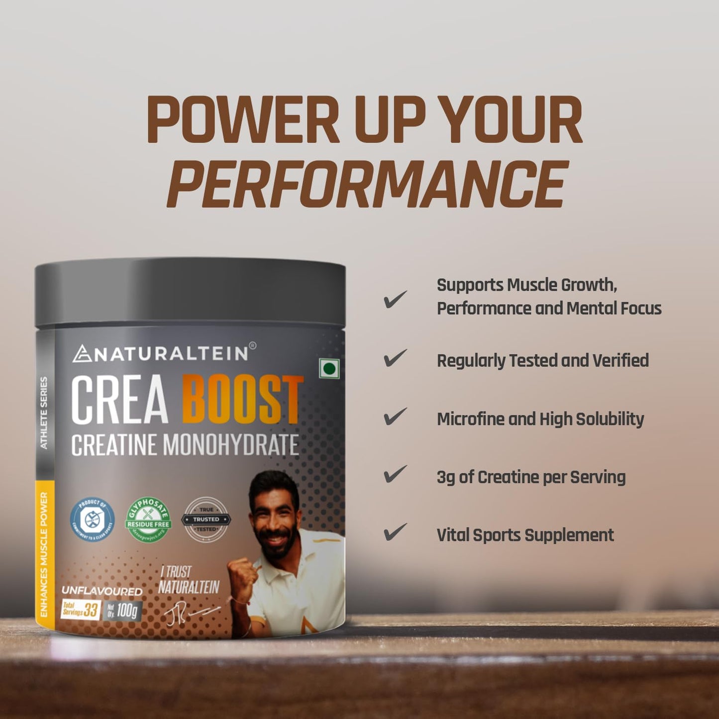 NATURALTEIN Creatine Monohydrate Unflavoured (100 Grams, 33 Servings)| Boosts Strength, Endurance & Muscle Recovery | No Fillers, No Preservatives|Fast Recovery|Increases Muscle Mass