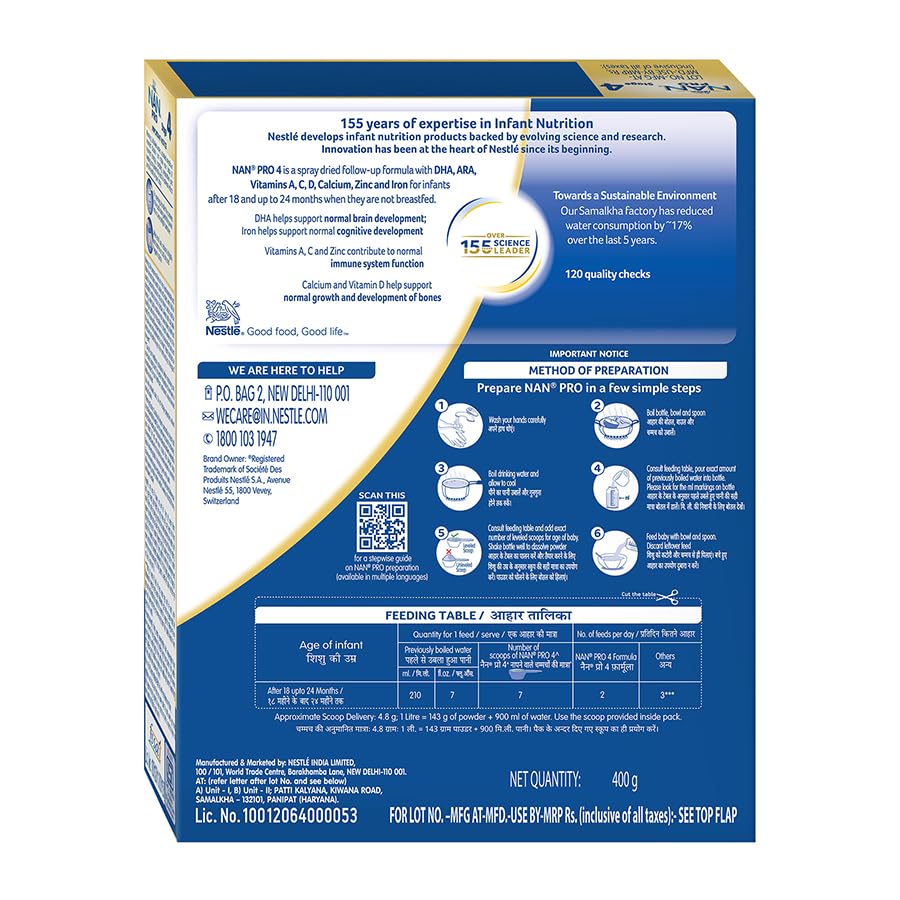 NestlÃ© NAN PRO 4 Follow-Up Formula Powder After 18 months, Up to 24 months, Stage 4, 400g Pouch in Box