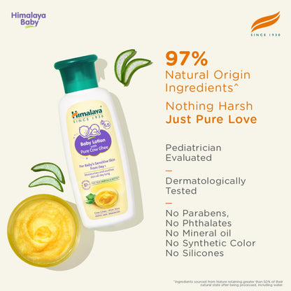 Himalaya Baby Lotion with Pure Cow Ghee 400ml | ph 5.5 | Aloe vera | Safe for newborns | For baby's sensitive skin safe from day 1| No Parabens | No Phthalates | No Mineral Oil | No Synthetic color | Pediatrician evaluated