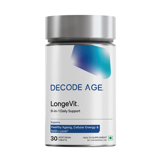 Decode Age Healthy Ageing Supplement | 10-in-1 longevity formula with NMN, Hyaluronic Acid, CoQ10 for NAD+ Boost, Healthy Skin & Heart Health| For Energy & Overall Health | One Month Supply | Decode Age LongeVit