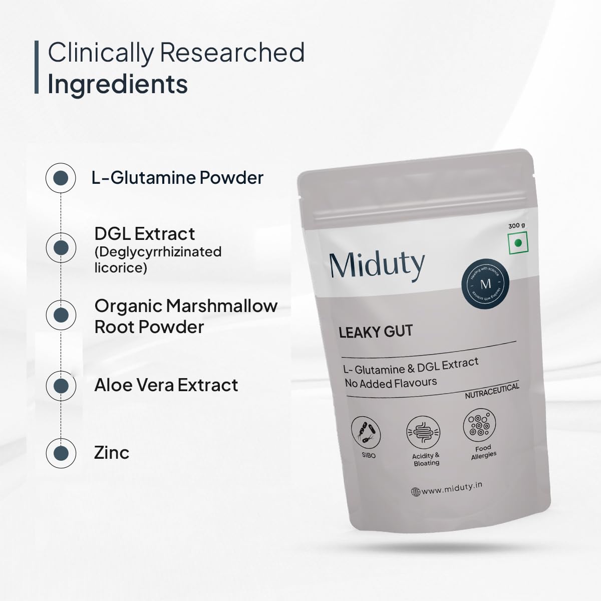 Miduty by Palak Notes Leaky Gut Powder - Supports Gastrointestinal lining, Leaky Gut - Helps In Constipation And Heartburn - Advanced Formula with L Glutamine and Aloe Vera Extract - 300 Grams
