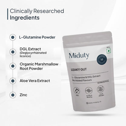 Miduty by Palak Notes Leaky Gut Powder - Supports Gastrointestinal lining, Leaky Gut - Helps In Constipation And Heartburn - Advanced Formula with L Glutamine and Aloe Vera Extract - 300 Grams