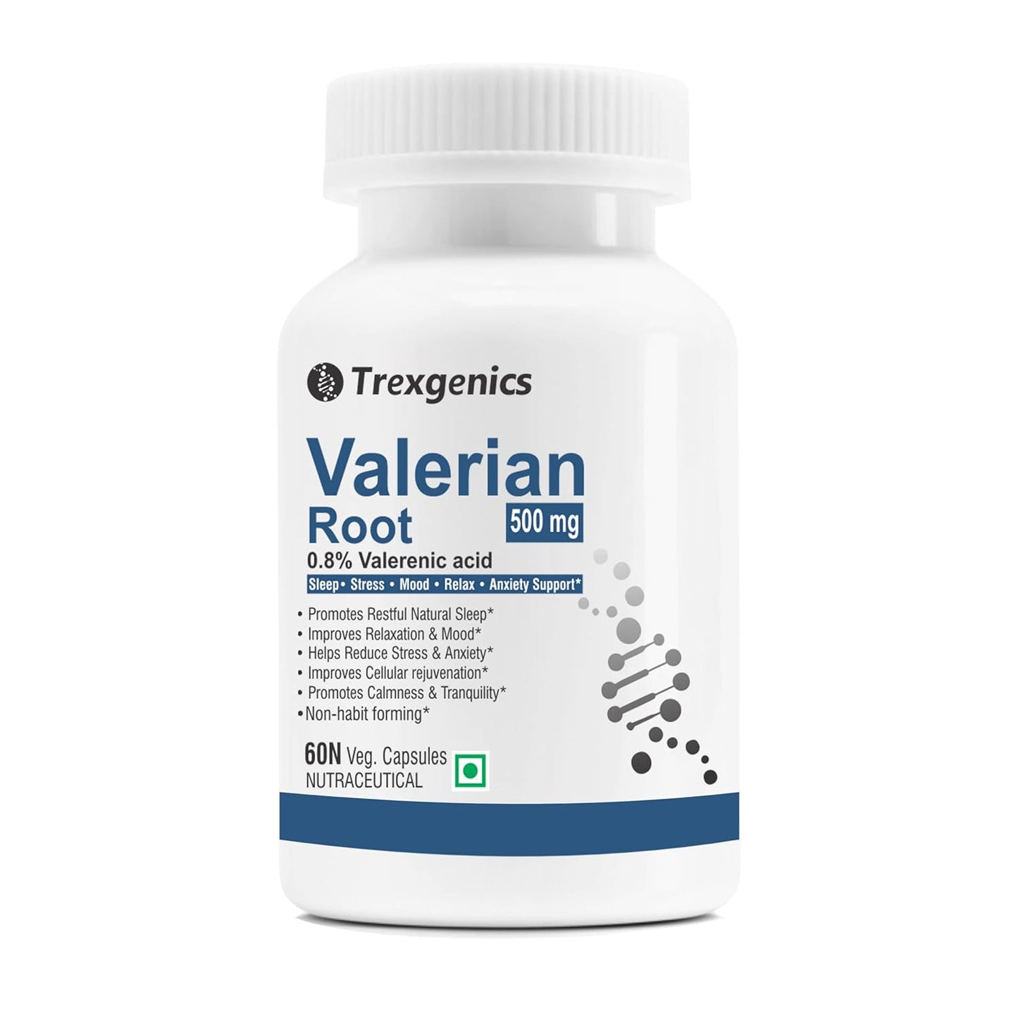 TrexgenicsÂ® VALERIAN Root 500mg Standardized (0.8% Valerenic acid) Sleep, Stress,Mood,Relax, Migraine, Anxiety Support (60 Veg capsules)